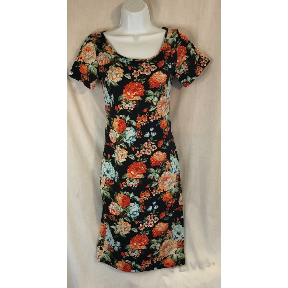 Womens Small Tam Ware  Floral Stretch Bodycon Dress Black Orange Knee Length